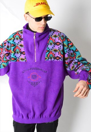 VINTAGE 90S PURPLE COLOURFUL FLEECE JUMPER