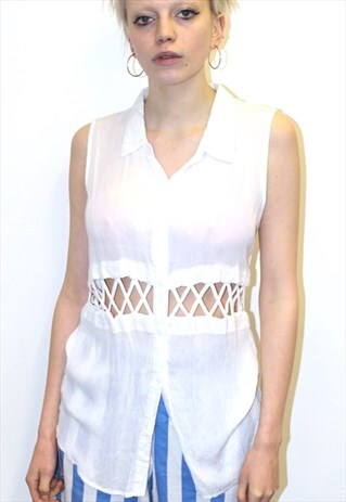 90S VINTAGE WHITE SLEEVELESS SEXY MESH CUT OUT SHIRT TOP