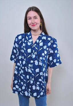 Vintage flowers blue blouse, 80s summer floral shirt 