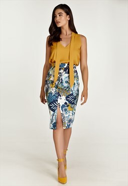Floral Cotton Pencil Skirt in Blue and Green Shades