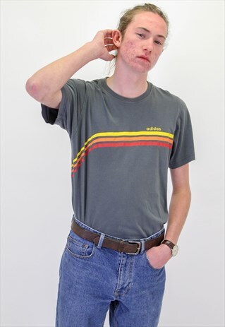 VINTAGE ADIDAS LOGO T-SHIRT IN V-NECK GREY LARGE