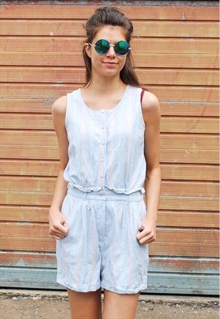 VINTAGE 90S PLAYSUIT ROMPER STRIPED BLUE