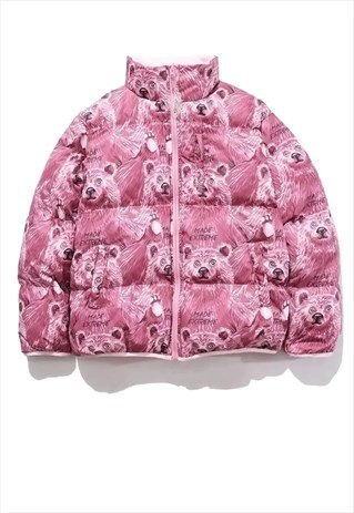 Teddy print reversible bomber bear cartoon jacket pink