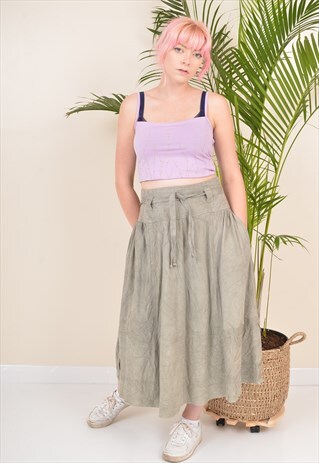 Y2K SOFT BRUSHED LEATHER MAXI HIPPY BOHO SKIRT GREEN W28