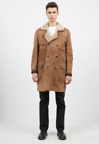 VINTAGE WINTER BROWN SHEARLING LINING PEA COAT