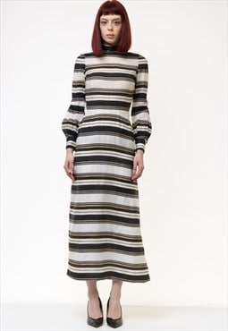 70s Vintage Maxi Striped Length Cottagecore Boho Dress 4939