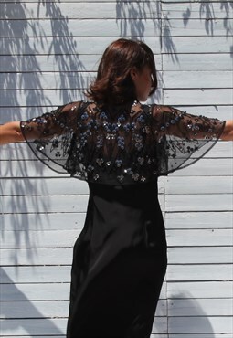 Vintage black boho chic embellished sequin mesh net bolero