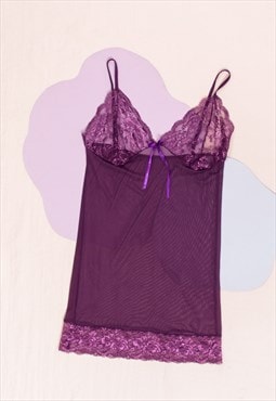 Vintage Slip Dress Y2K Sheer Mesh Lace Fairycore Mini Purple