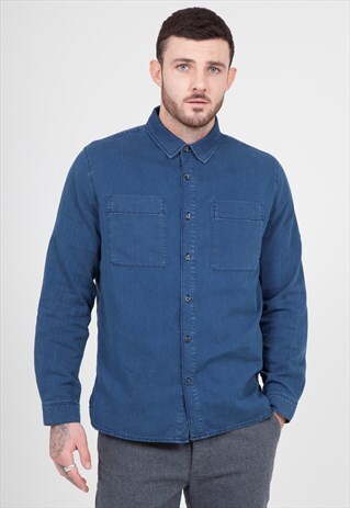 CENTRE FRONT SHIRT WITH POCKETS IN DARK BLUE TEXTURED COTTON