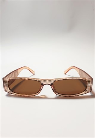 SLIM RECTANGLE SUNGLASSES IN TAN WITH DIAMANTE EFFECT