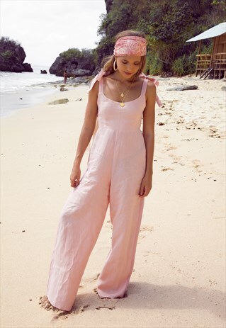 LOOSE FIT LONG WIDE LEG LINEN JUMPSUIT- PALE PINK