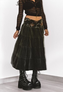 Vintage Fairycore Grunge Corduroy Embroidered Ruffle Skirt