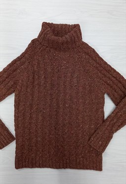 Vintage Jumper Brown Wool Cable Knit Roll Neck