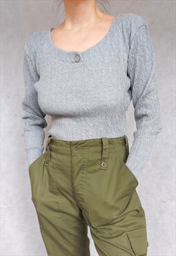 Vintage Gray Elastic Crincled Bodysuit, Large Size Grunge 
