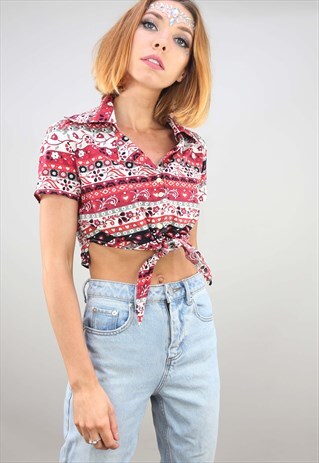 VINTAGE SUMMER FESTIVAL PATTERNED TIE CROP TOP