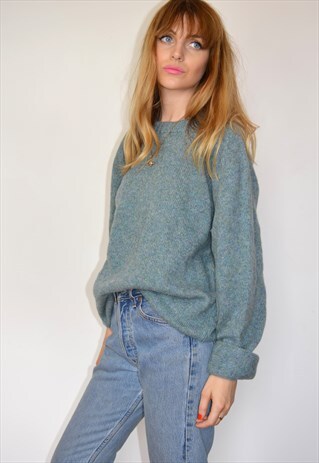 VINTAGE 90S TEAL BLUE SLOUCHY KNITTED JUMPER
