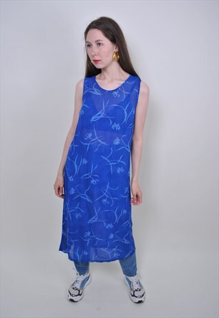 VINTAGE BLUE PATTERN DRESS, 90S FLORAL MAXI SLEEVELESS DRESS