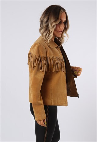 SUEDE LEATHER FRINGE TASSEL JACKET VINTAGE UK 14 (FNFA)