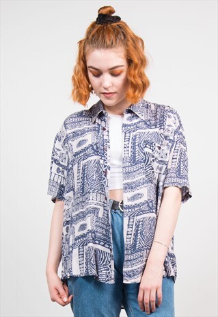 VINTAGE 90'S BLUE OVERSIZE GRUNGE PATTERNED SHIRT