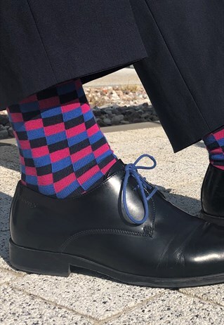 FUNKY MENS COLORFUL SOCKS WITH BLUE PINK CHECKERED, FOR SUIT