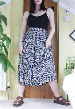 Vintage 90s blue and beige abstract print midi skirt