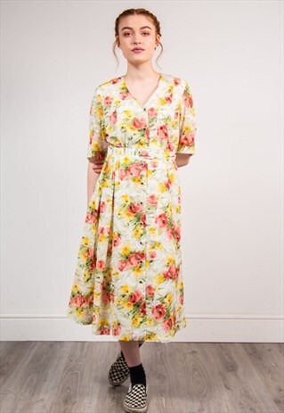 90'S VINTAGE FLORAL PATTERN SUMMER CUTE MIDI DRESS