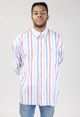 VINTAGE TOMMY HILFIGER RED AND BLUE STRIPE SHIRT