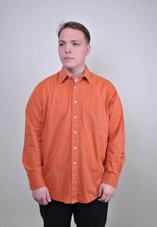 ORANGE MENS SHIRT, 90S BUTTON DOWN, RETRO WORK BUTTON UP