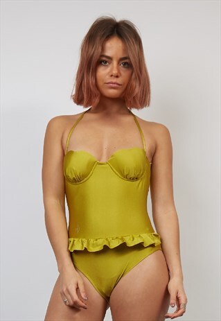 VINTAGE 80'S DARK LIME PEPLUM SWIMSUIT