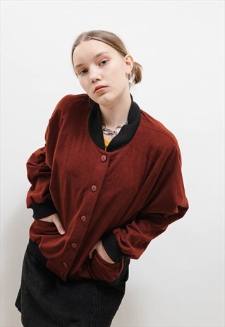 VINTAGE 80S MINIMAL BURGUNDY VELOUR BUTTON UP CARDIGAN M