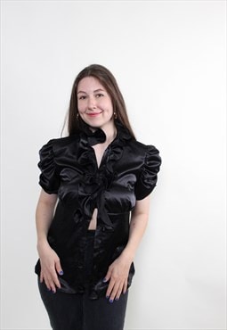 Vintage 90s Black Ruffled Blouse Retro Evening Cocktail top
