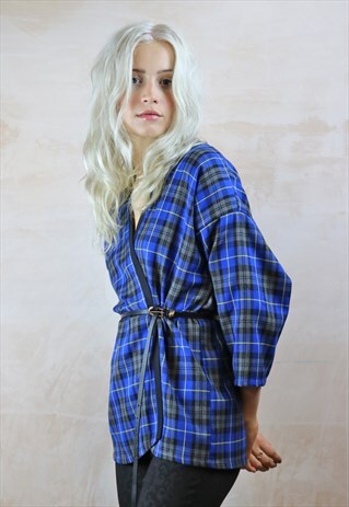 BLUE AND GREY TARTAN KIMONO