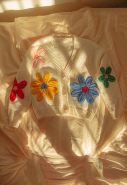 White Crochet Applique Bold Floral Cardigan
