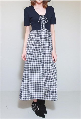 VINTAGE 1990'S BLUE CHECK PRINT LACE FRONT MAXI DRESS