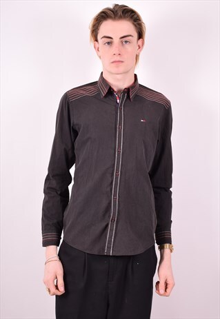 TOMMY HILFIGER MENS VINTAGE SHIRT MEDIUM BLACK 90S