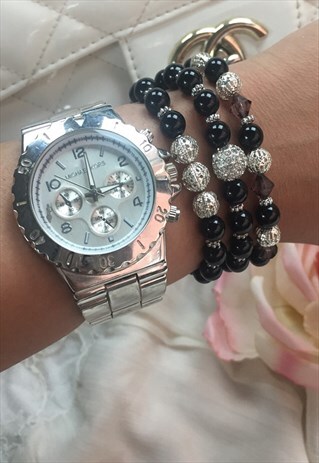 BLACK AND SILVER SWAROVSKI CRYSTAL PAVE BEAD STACK BRACELET