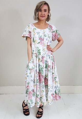 VINTAGE 90'S WHITE FLORAL BUTTON DRESS W/ POCKETS