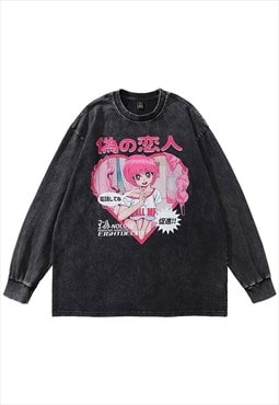 Anime girl t-shirt long tee Korean cartoon top in acid grey