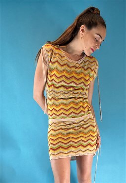 Vintage 1970s Style Multicolour Zig Zag Dress with Ties