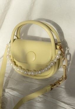 Green Top Handle Mini Moon Bag with Pearl Chain