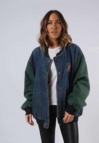 VINTAGE DENIM BOMBER JACKET LINED OVERSIZED UK 18-20 (AEY)