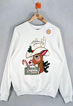 90s Vintage Cowboy Reindeer Christmas Sweatshirt White XL