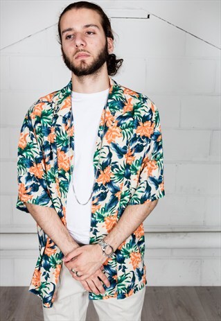 VINTAGE ORANGE & BLUE FLOWER HAWAAI SHIRT