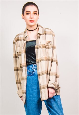 VINTAGE 90'S CREAM CHECKED OVERSIZED THICK FLANNEL SHIRT