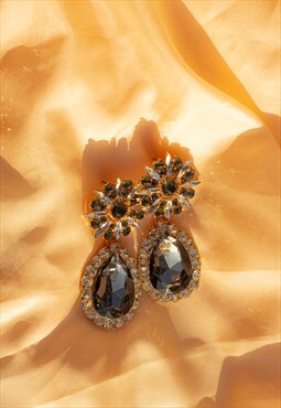 Oversized Flower Jewel Dangle Earrings in Black