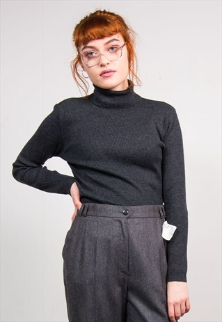 VINTAGE 90'S DARK GREY RIBBED ROLL NECK KNIT TOP JUMPER