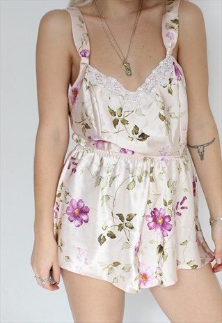 VINTAGE 90S CREAM FLORAL 'SILK FEEL' CAMI & SHORTS NIGHTWEAR