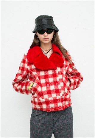 VINTAGE COAT RETRO RED LONG SLEEVED SOFT COLLAR CHECK