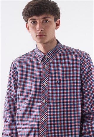VINTAGE FRED PERRY 90S RED BLUE LONG SLEEVE PLAID CHECK