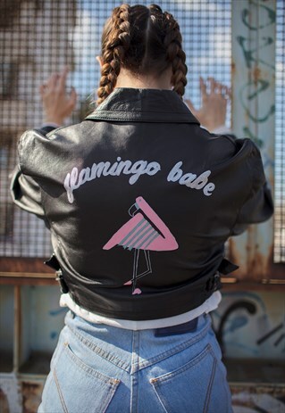 VINTAGE LEATHER JACKET WITH HANDPAINTED FLAMINGO